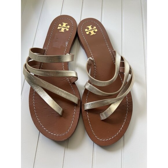 Tory Burch Patos Metallic Strappy Sandals Gold Leather Slides Summer Chic Size 9 - Picture 6 of 13